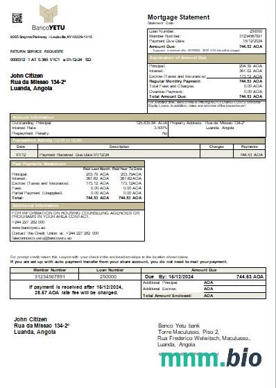 Angola Bank Banco Yetu wyciąg z kredytu hipotecznego szablon Word i PDF